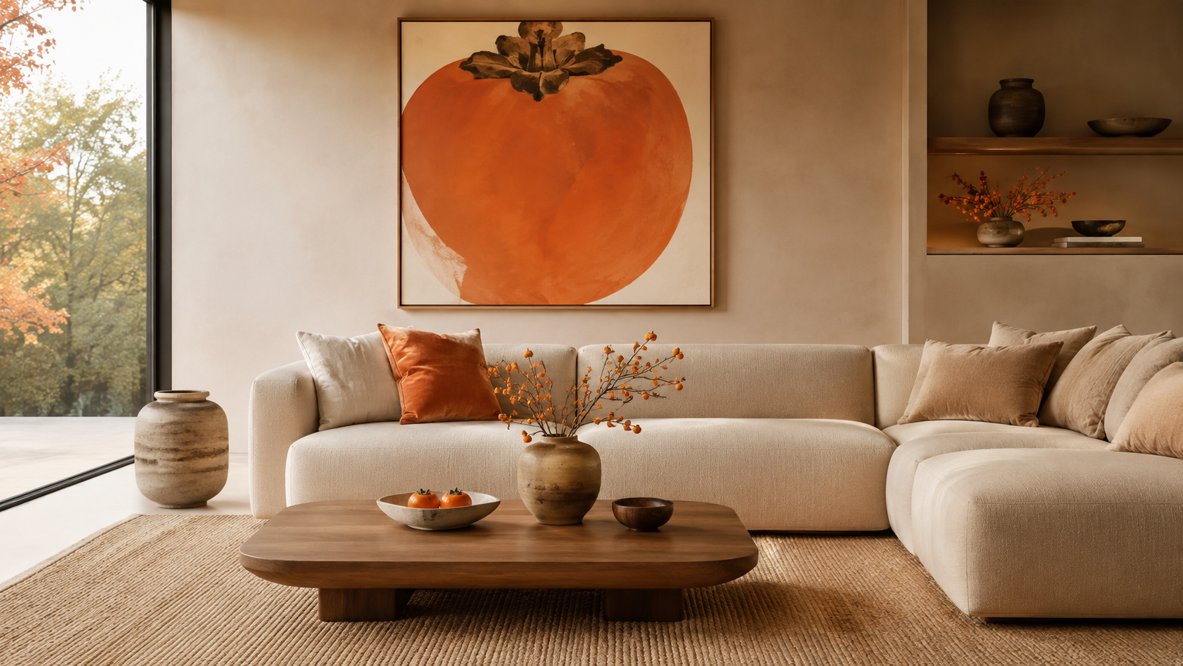 Minimalist neutral living room with large abstract persimmon artwork and only a few coordinated accents